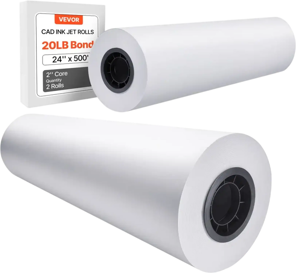 VEVOR Wide Format Paper, 24 in x 500 ft Plotter Paper, 2 Rolls CAD Bond Rolls with 3 in Core, 20 LB Bond Paper Rolls, Idea for CAD Drawings, Engineering Plans, GIS Maps & Architectural Designs
