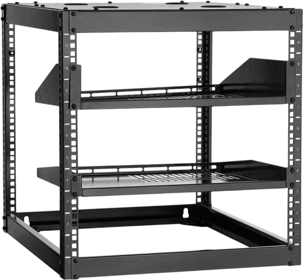 VEVOR 10U Open Frame Network Rack, 23 in Depth, Wall Mounted or Floor Standing Server Rack, Heavy Duty 4 Post, with Vented Shelves & Mounting Hardware, Holds All Your Networking IT Equipment AV Gear