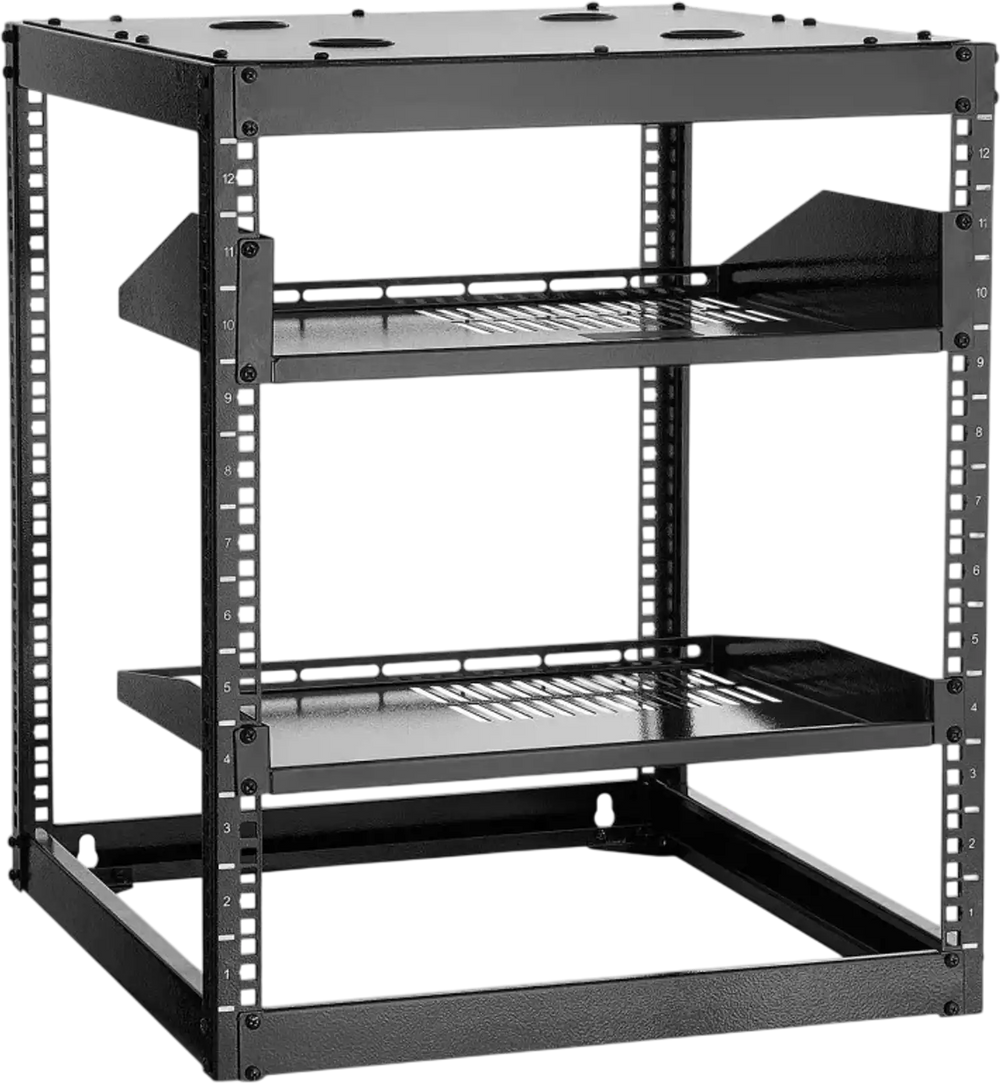 VEVOR 12U Open Frame Network Rack, 23 in Depth, Wall Mounted or Floor Standing Server Rack, Heavy Duty 4 Post, with Vented Shelves & Mounting Hardware, Holds All Your Networking IT Equipment AV Gear