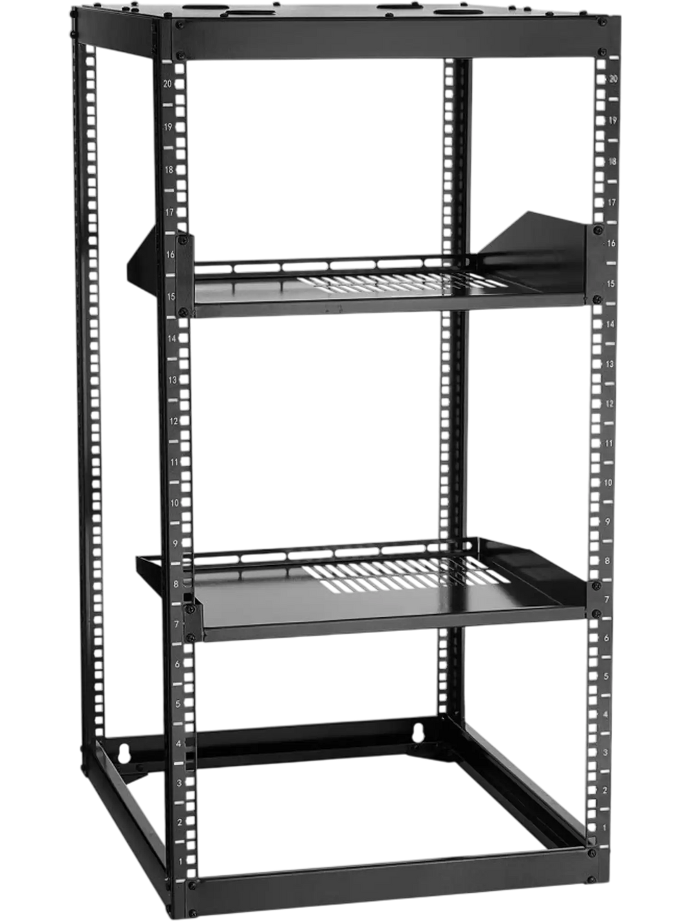 VEVOR 20U Open Frame Network Rack, 23 in Depth, Wall Mounted or Floor Standing Server Rack, Heavy Duty 4 Post, with Vented Shelves & Mounting Hardware, Holds All Your Networking IT Equipment AV Gear