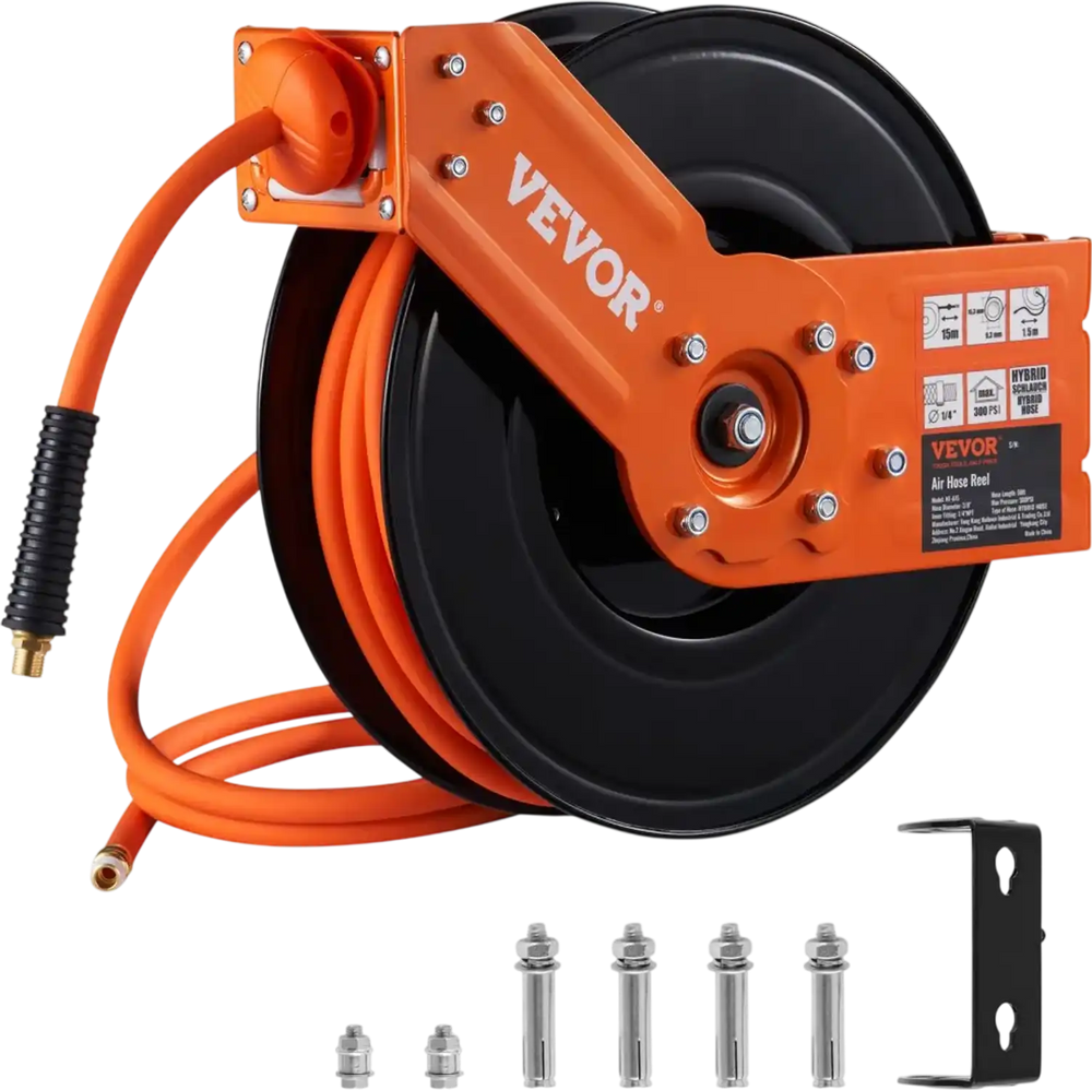 VEVOR Retractable Air Hose Reel, 3/8 IN x 50 FT Hybrid Air Hose Max 300PSI, Air Compressor Hose Reel with 5 In Lead in, Ceiling / Wall Mount Heavy Duty Double Arm Steel Reel