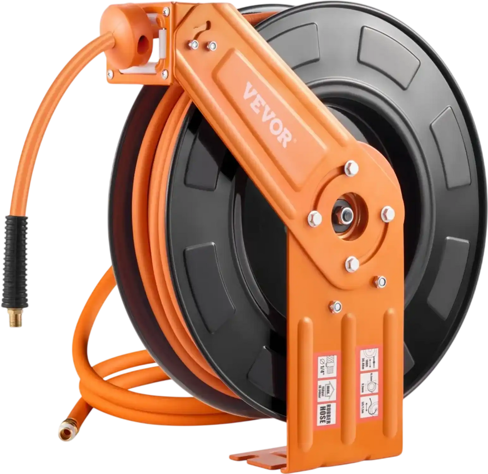 VEVOR Retractable Air Hose Reel, 3/8IN x 100FT Rubber Air Hose Max 300PSI, Air Compressor Hose Reel Auto-Rewind with 5FT Lead in, Ceiling/Wall Mount Heavy Duty Single Arm Steel Reel, 1/4" NPT Fitting