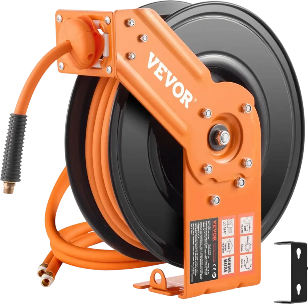 VEVOR Retractable Air Hose Reel, 3/8IN x 50FT Rubber Air Hose Max 300PSI, Air Compressor Hose Reel Auto-Rewind with 5FT Lead in, Ceiling/Wall Mount Heavy Duty Single Arm Reel & 180° Swivel Bracket