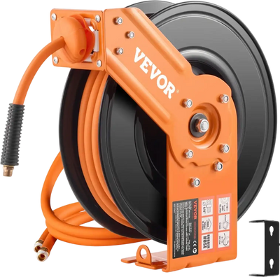 VEVOR Retractable Air Hose Reel, 3/8IN x 50FT Rubber Air Hose Max 300PSI, Air Compressor Hose Reel Auto-Rewind with 5FT Lead in, Ceiling/Wall Mount Heavy Duty Single Arm Reel & 180° Swivel Bracket