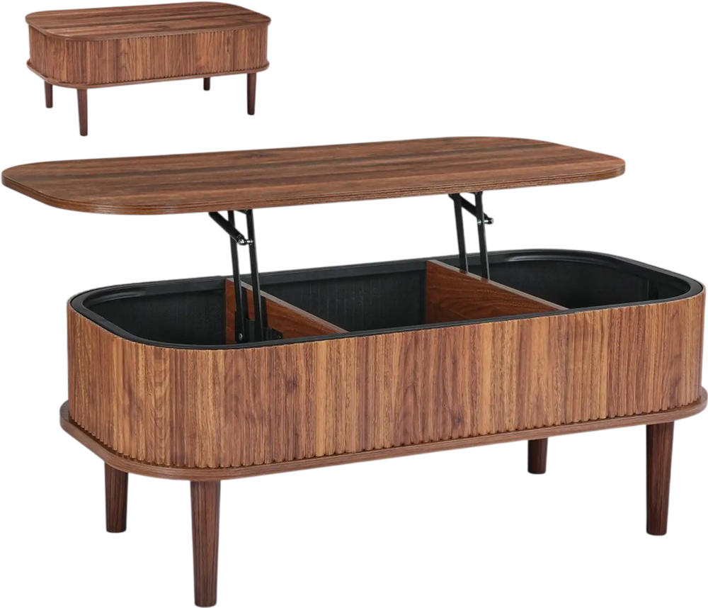 VEVOR 39.4 in Lift Top Coffee Table, Fluted Oval Coffee Table with 3 Hidden Compartment, Mid Century Wooden Oval Center Desk with Storage, Lift Up Tabletop for Home & Office, Easy Assembly, Walnut