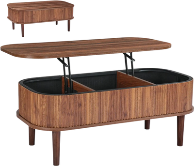 VEVOR 39.4 in Lift Top Coffee Table, Fluted Oval Coffee Table with 3 Hidden Compartment, Mid Century Wooden Oval Center Desk with Storage, Lift Up Tabletop for Home & Office, Easy Assembly, Walnut