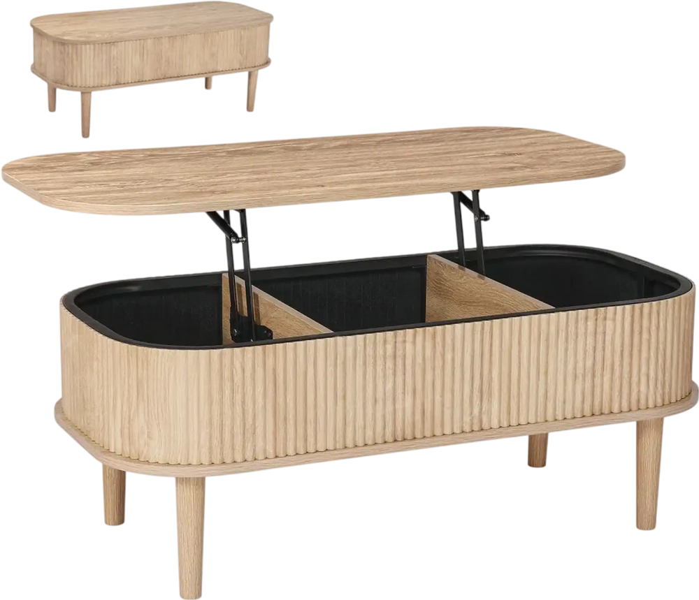 VEVOR 39.4 in Lift Top Coffee Table, Fluted Oval Coffee Table with 3 Hidden Compartment, Mid Century Wooden Oval Center Desk with Storage, Lift Up Tabletop for Home & Office, Easy Assembly, Burlywood