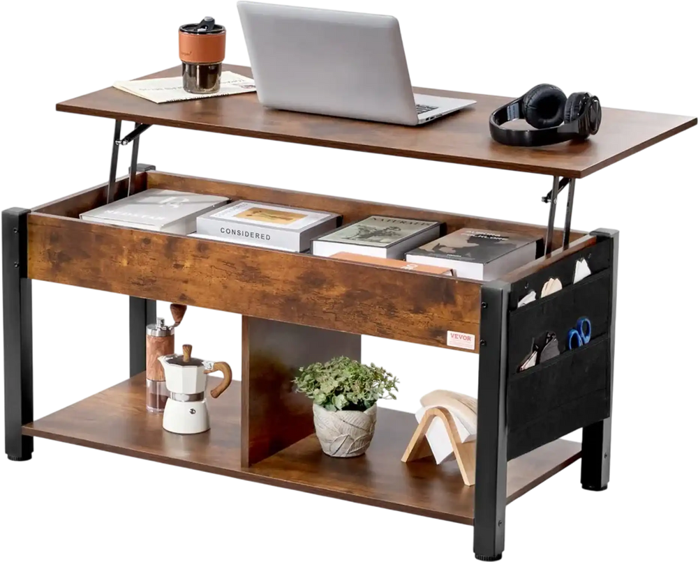 VEVOR Lift Top Coffee Table, 41.7 in Rectangle Coffee Table with Extra Storage Pockets, Pop Up Coffee Table for Living Room, Brown