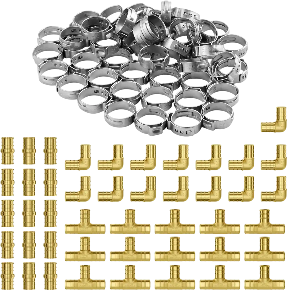 VEVOR Pipe Fittings, 1/2" 45PCS (15xStraight, 15xElbows, 15xTees) Brass Pipe Fittings, Push-Fit Pipe Connector Brass Air Fittings, Plumbing Fittings Adapter for Heating/Shower Systems, Water Pipes