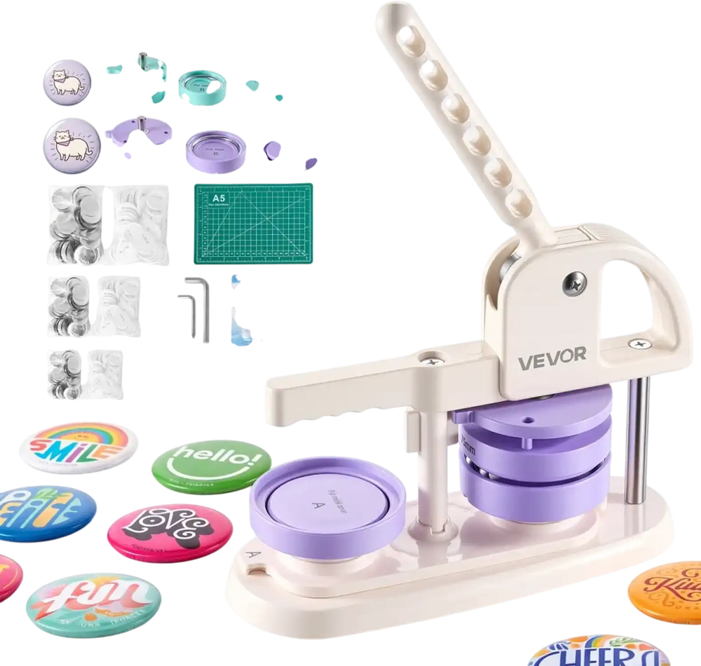 VEVOR Button Maker Machine, 1.25"/2.25"/3"(32/58/75 mm), Quick-Change Plastic Pin Maker with 300pcs Button Parts, Circle Cutter and Magic Book, Reinforced Handle, for DIY Badges, Pins, Key Chains
