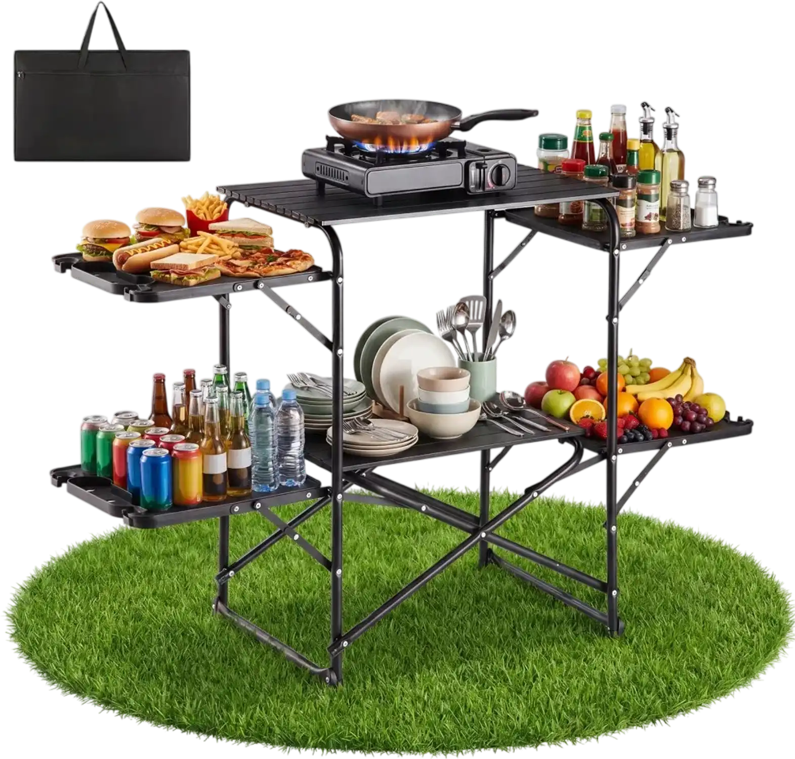 Vevor Camping Kitchen Table Slim-Fold Cook Station Portable Folding Table with 4 Side Tables New