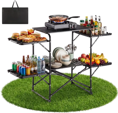 Vevor Camping Kitchen Table Slim-Fold Cook Station Portable Folding Table with 4 Side Tables New