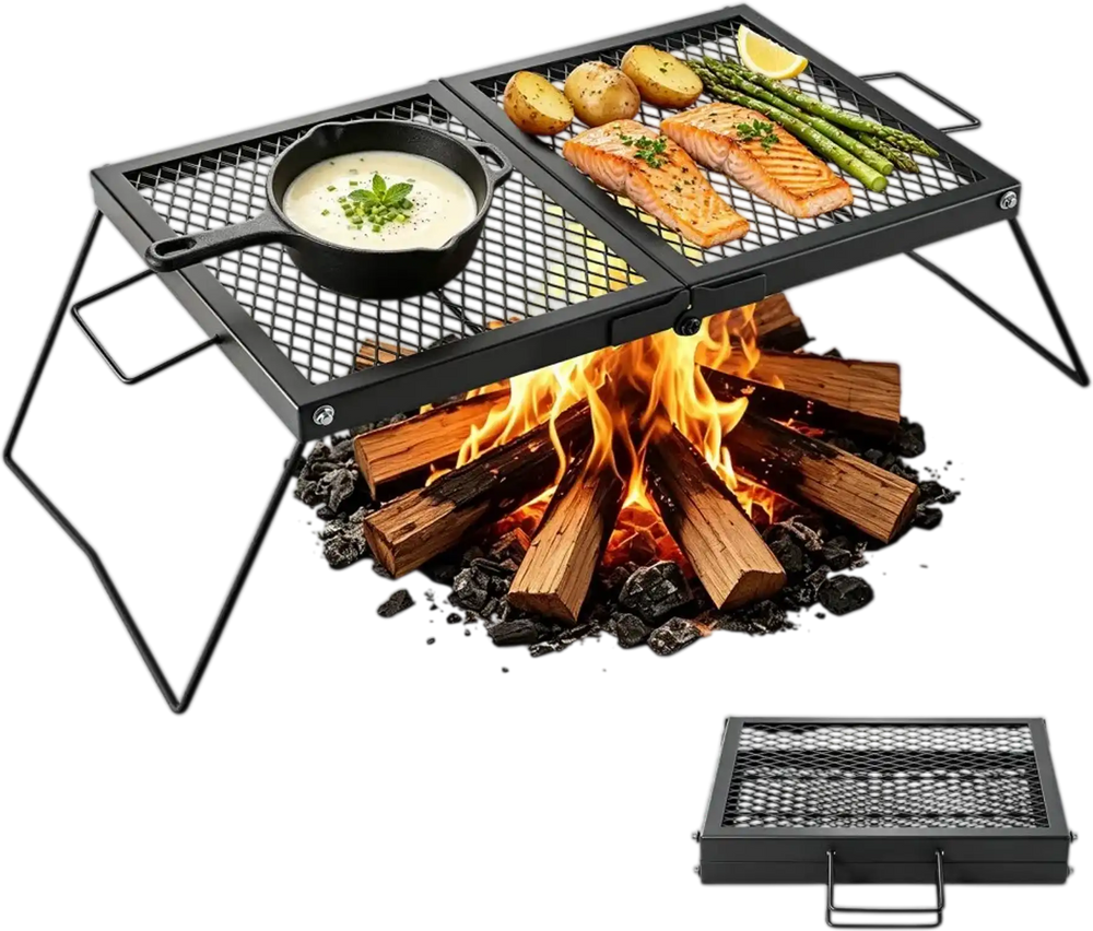 VEVOR Heavy Duty Folding Campfire Grill, 24" Portable Camping Grill Grate, Sturdy Steel Mesh, Compact Equipment Over Fire Pit, with Legs and Handle, Grilling Rack for Outdoor Open Flame Cooking, Black