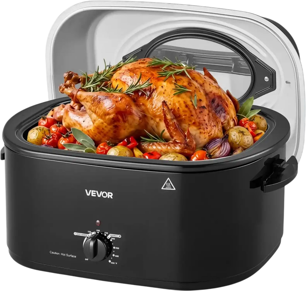 VEVOR Electric Roaster Oven, 26 Qt, Turkey Roasting Pan, Black, 1450W Power, Viewing Self-Basting Lid, 150-450°F Heat Control, Countertop Turkey Cooker with Defrost/Warm, Removable Pan and Rack