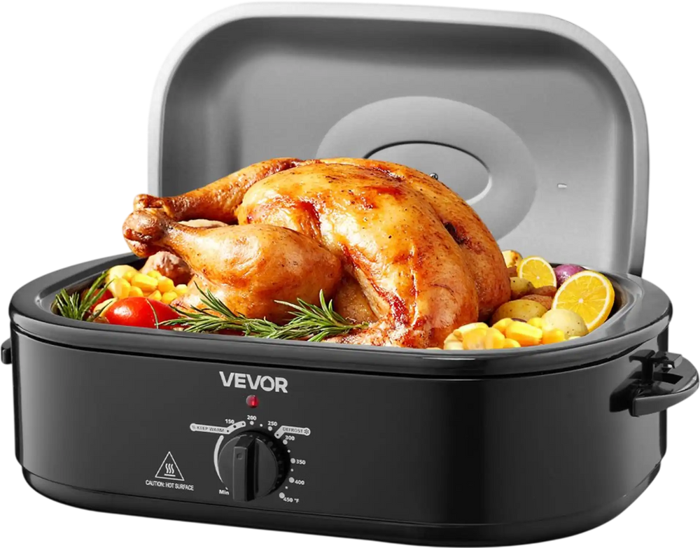 VEVOR Roaster Oven, 18QT Fast-Cooking Turkey Roaster, 150-450℉ Adjustable Temperature Turkey Oven with Self-Basting Lid, Removable Pan and Rack, Defrost & Warm Function, Electric Roasting Pan for Home