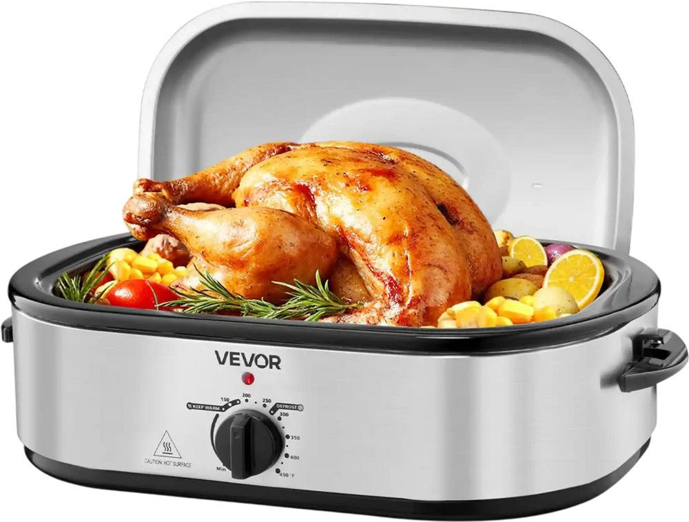 VEVOR Roaster Oven, 14QT Fast-Cooking Turkey Roaster, 150-450℉ Adjustable Temperature Electric Roasting Pan with Self-Basting Lid, Roasting Lift-Out Rack, Defrost & Warm Function, Fits 18lb Turkey