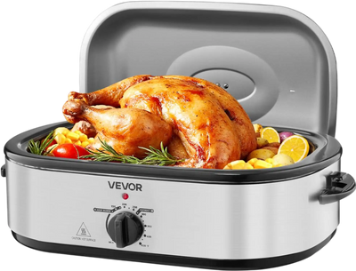 VEVOR Roaster Oven, 18QT Electric Roaster Oven, 150-450℉ Adjustable Temperature Electric Roasting Pan with Self-Basting Lid, Cool-Touch Handle, Defrost & Warm Function, Stainless Steel Turkey Ovens