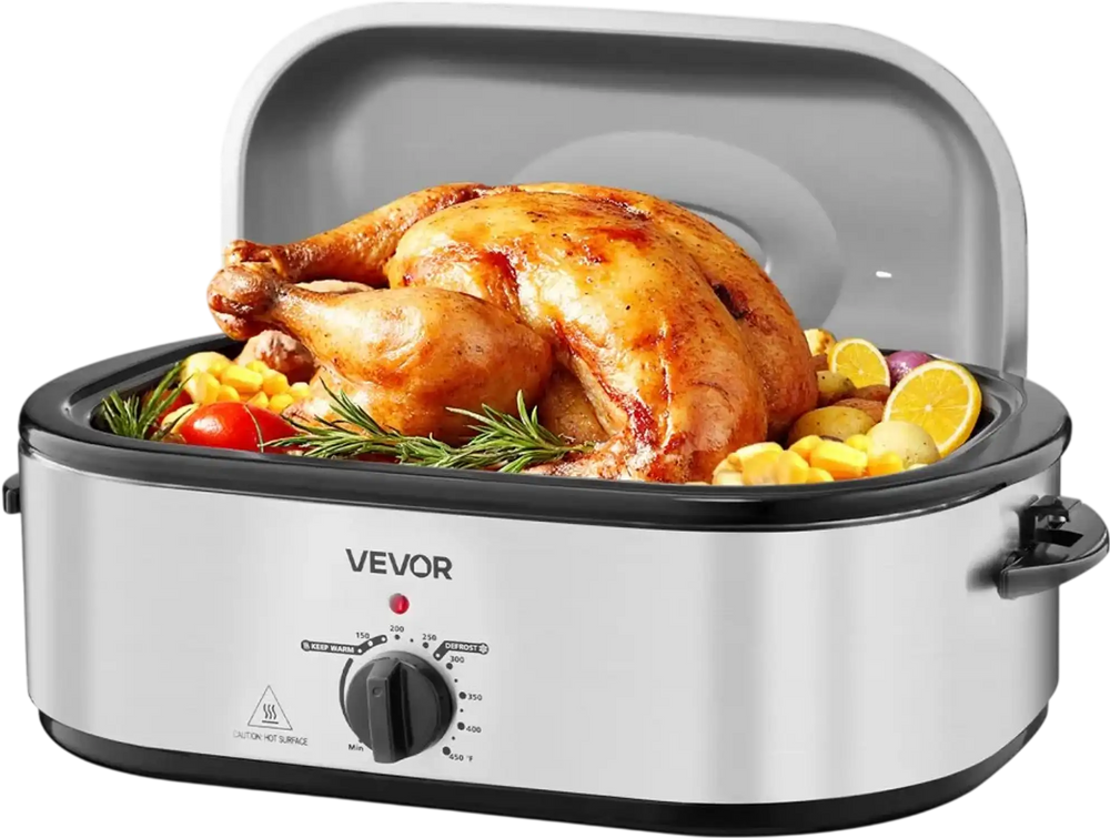 VEVOR Roaster Oven, 20QT Electric Roasting Pan, 150-450℉ Adjustable Temperature Fast-Cooking Turkey Roaster, Turkey Oven with Self-Basting Lid, Defrost & Warm Function for Home, Fits 24lb Turkey