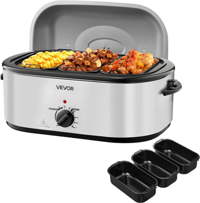 VEVOR Roaster Oven, 24QT Electric Turkey Roaster Oven, 150-450℉ Adjustable Temperature Electric Roasting Pan with 3 Bin Buffet Server, Self-Basting Lid, Defrost & Warm Function, Self-Basting Lid