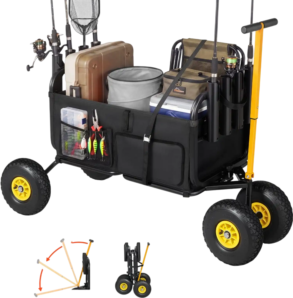 VEVOR Beach Fishing Cart, 300 lbs Load Capacity, Foldable Fishing Cart with Heavy-Duty Carbon Steel Frame, 11-Inch All-Terrain Tires, 8 Rod Holders, Strap, Easy to Clean, for Outdoor Camping Picnic