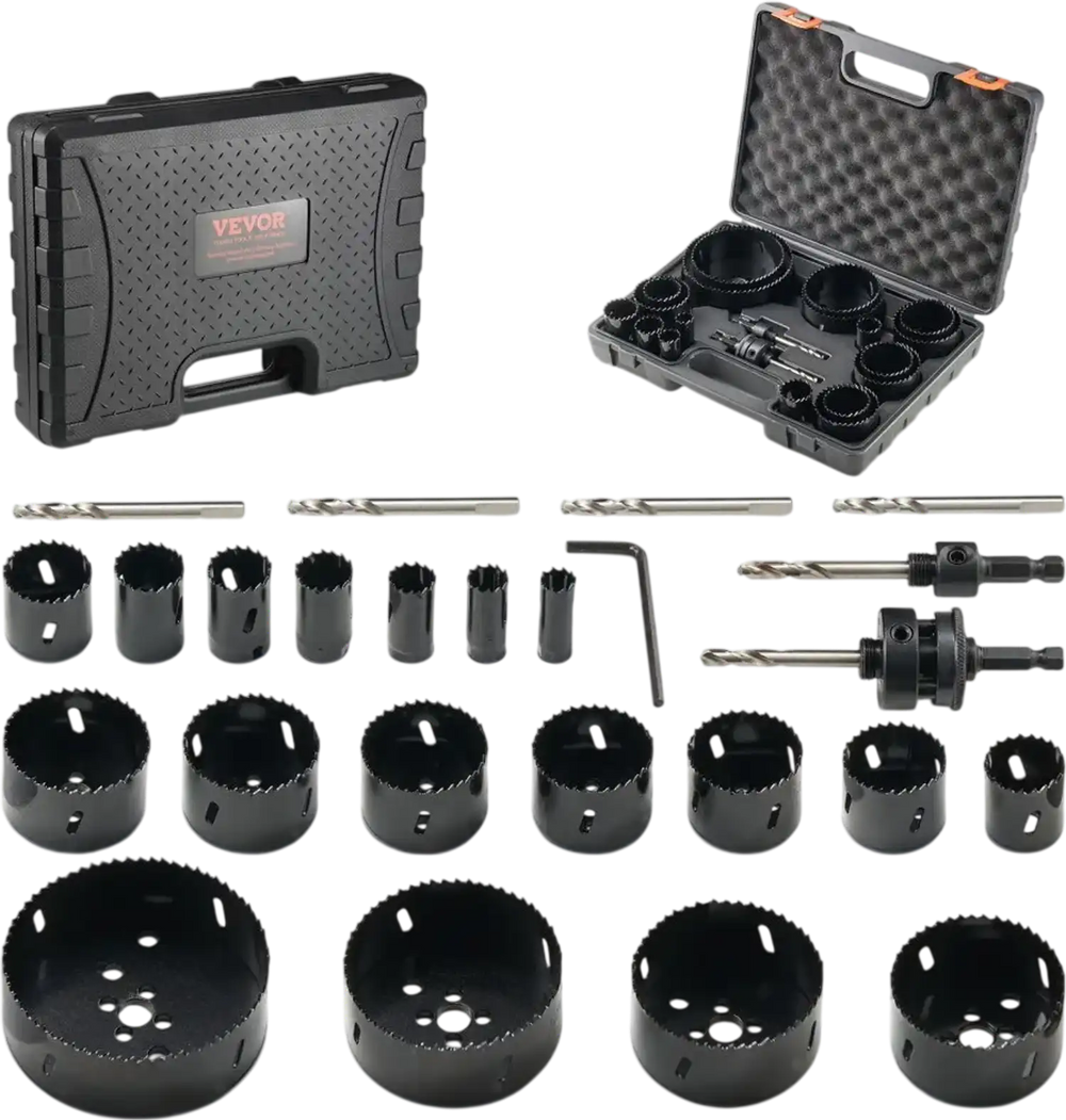 VEVOR Hole Saw Kit, 18 PCS Saw Blades, 6 Drill Bits, 1 Hex Wrench, General Purpose Size from 3/4" to 4-1/2", Bi Metal M42 Hole Saw Set with Carrying Case, Ideal for Wood Board, Plastic and Iron Plate
