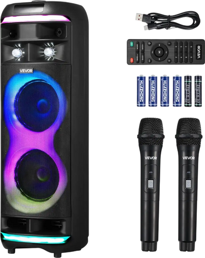 VEVOR Karaoke Machine for Adults, 80W, 8-inch Portable Bluetooth Speaker with 2 Wireless Microphones, LED Light, TWS Function, Rolling Wheels, Supports Micro TF Card, USB, AUX, for Home Karaoke Party
