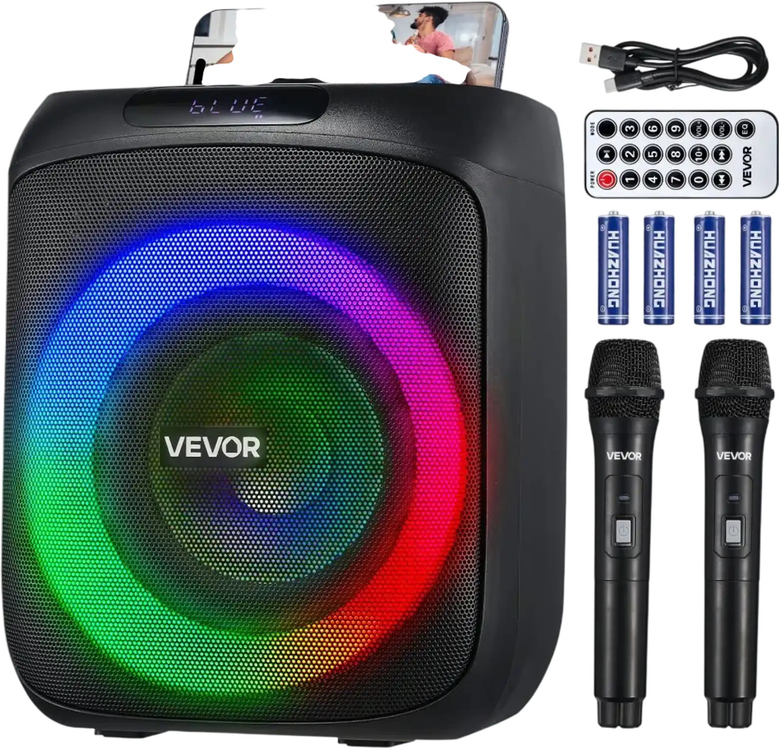 Vevor Karaoke Machine Portable Bluetooth Speaker with 2 Wireless Microphones 30W 6.5
