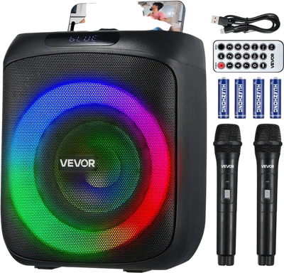 VEVOR Karaoke Machine for Adults, 30W, 6.5-inch Portable Bluetooth Speaker with 2 Wireless Microphones, LED Light, TWS Function, Handle, Support Micro TF Card, USB, AUX, for Home Karaoke Party Singing