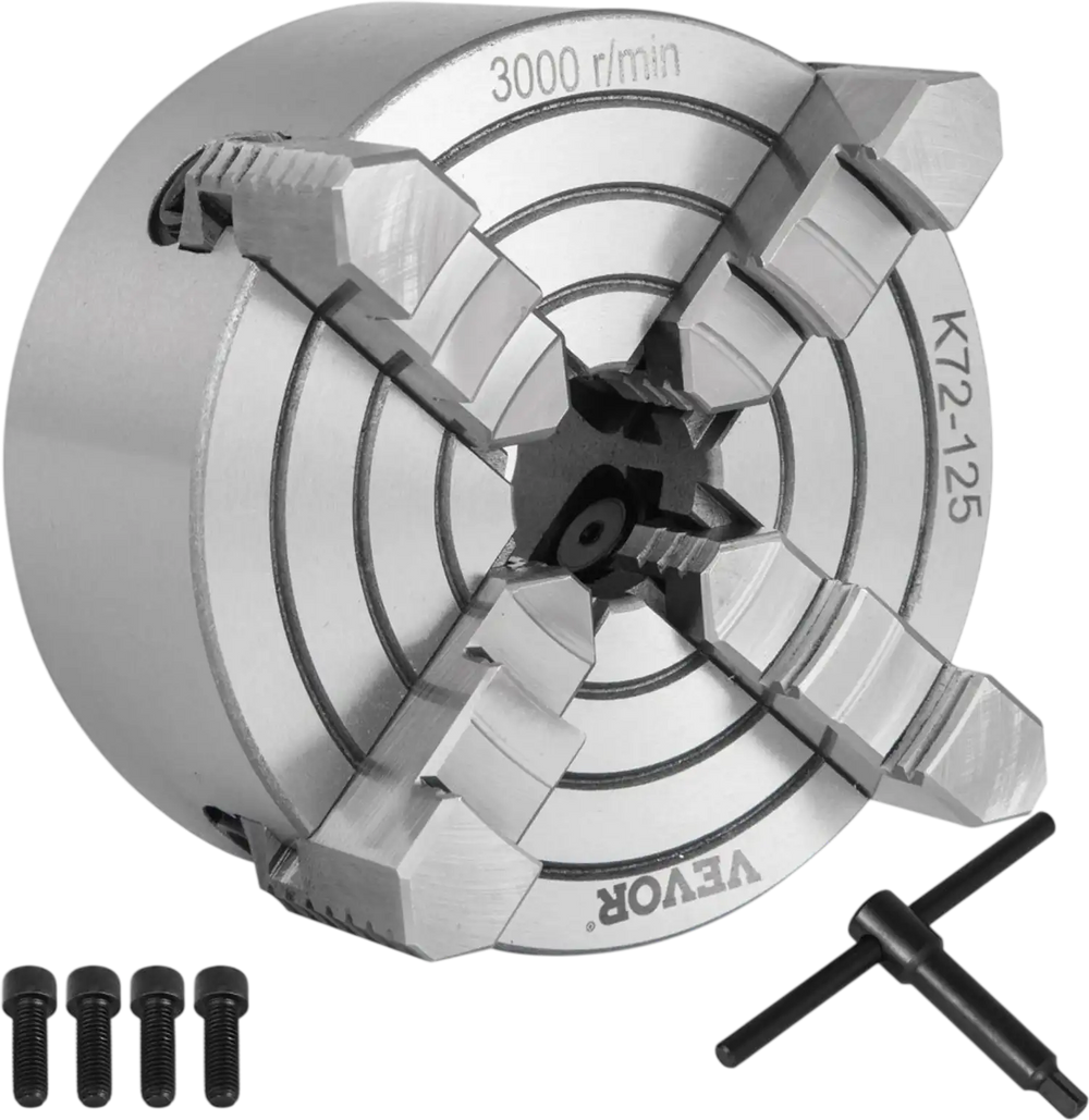 VEVOR K72-125 Lathe Chuck, 5 Inch, 4-Jaw, Independent Metal Lathe Chuck with Reversible Jaw, Cast Iron Body, 0.276 -2.244 in Internal 1.89 -4.92 in External Jaw Clamping Range, for Lathes Machine