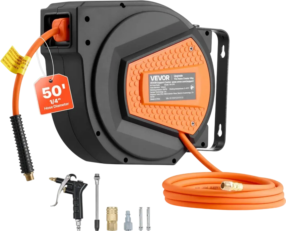VEVOR Retractable Air Hose Reel, 1/4 Inch x 50 FT Hybrid Air Hose Max 300PSI, Enclosed Air-Compressor Hoses Reel Auto Rewind with 6.6 ft Lead in & Blow Gun, 180° Swivel Ceiling/Wall Mount