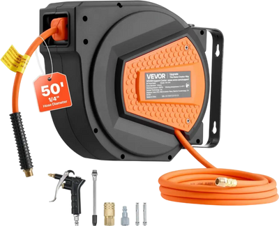 VEVOR Retractable Air Hose Reel, 1/4 Inch x 50 FT Hybrid Air Hose Max 300PSI, Enclosed Air-Compressor Hoses Reel Auto Rewind with 6.6 ft Lead in & Blow Gun, 180° Swivel Ceiling/Wall Mount