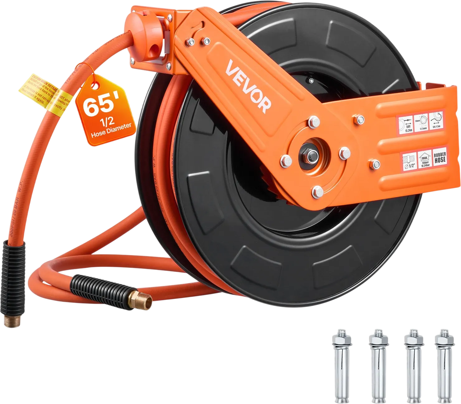 Vevor Air Hose Reel Retractable 1/2 in. x 65 ft. Rubber Max 300 PSI Ceiling/Wall Mount New