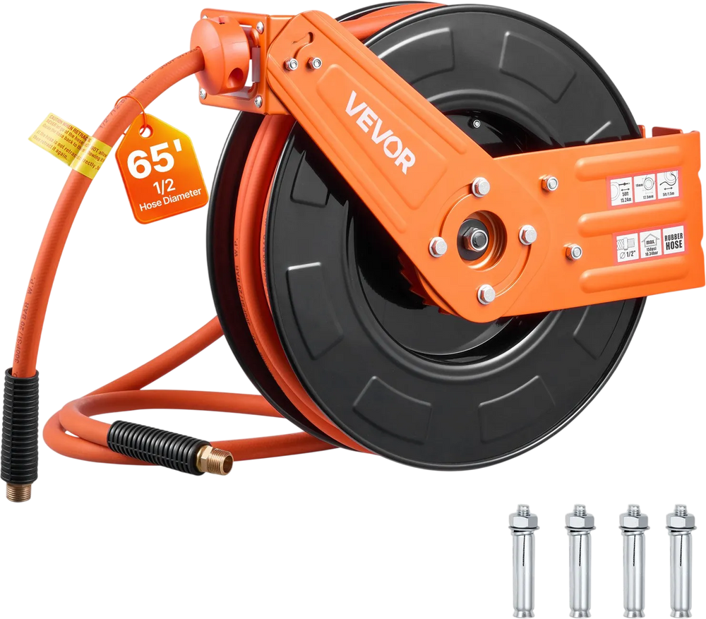 VEVOR Retractable Air Hose Reel, 1/2 Inch x 65 FT Rubber Air Hose Max 300PSI, Auto Rewind Air-Compressor Hoses Reel with 5 ft Lead in, Ceiling/Wall Mount for Garage Workshops