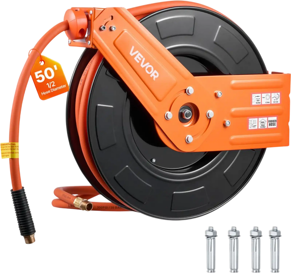 VEVOR Retractable Air Hose Reel, 1/2 Inch x 50 FT Rubber Air Hose Max 300PSI, Auto Rewind Air-Compressor Hoses Reel with 5 ft Lead in, Ceiling/Wall Mount for Garage Workshops