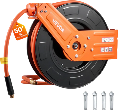 VEVOR Retractable Air Hose Reel, 1/2 Inch x 50 FT Rubber Air Hose Max 300PSI, Auto Rewind Air-Compressor Hoses Reel with 5 ft Lead in, Ceiling/Wall Mount for Garage Workshops