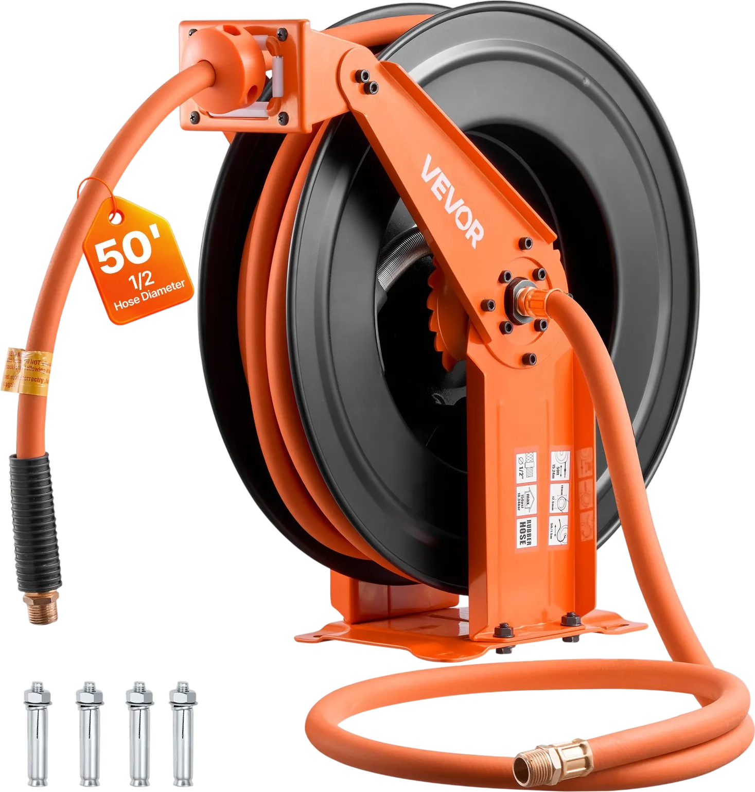 Vevor Air Hose Reel Retractable 1/2 in. x 50 ft. Max 300 PSI Ceiling/Wall Mount 5 ft. Lead In New