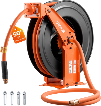 VEVOR Retractable Air Hose Reel, 1/2 Inch x 50 FT Rubber Air Hose Max 300PSI, Auto Rewind Air-Compressor Hoses Reel with 5 ft Lead in, Ceiling/Wall Mount Heavy Duty Steel Double Arm