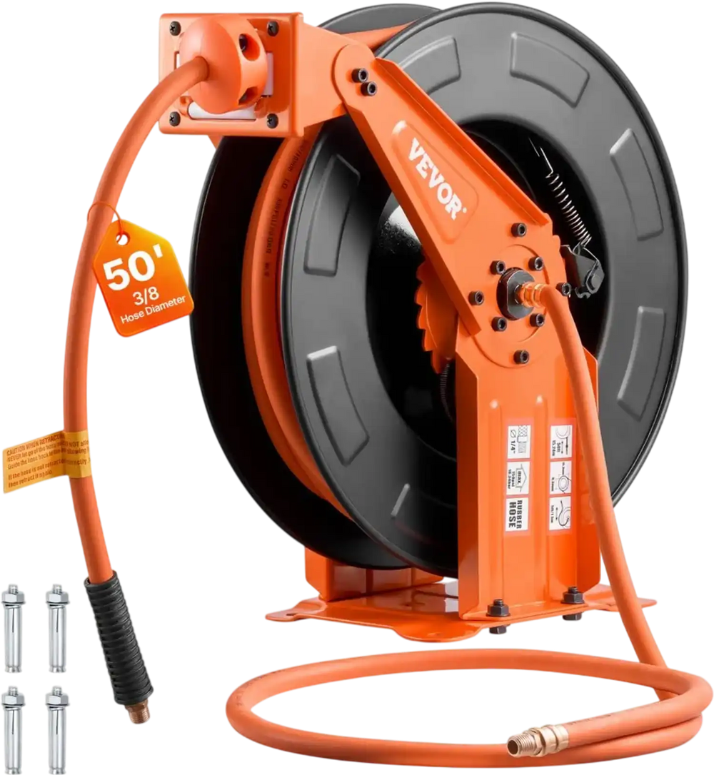 VEVOR Retractable Air Hose Reel, 3/8 Inch x 50 FT Rubber Air Hose Max 300PSI, Auto Rewind Air-Compressor Hoses Reel with 5 ft Lead in, Ceiling/Wall Mount Heavy Duty Steel Double Arm