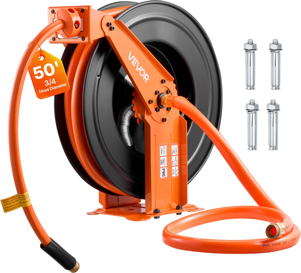 VEVOR Retractable Air Hose Reel, 3/4 Inch x 50 FT PVC Air Hose Max 300PSI, Auto Rewind Air-Compressor Hoses Reel with 5 ft Lead in, Ceiling/Wall Mount Heavy Duty Steel Double Arm