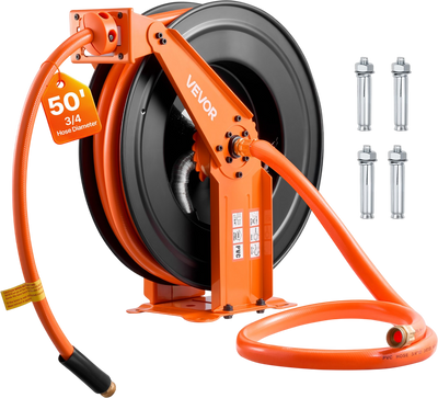 VEVOR Retractable Air Hose Reel, 3/4 Inch x 50 FT PVC Air Hose Max 300PSI, Auto Rewind Air-Compressor Hoses Reel with 5 ft Lead in, Ceiling/Wall Mount Heavy Duty Steel Double Arm