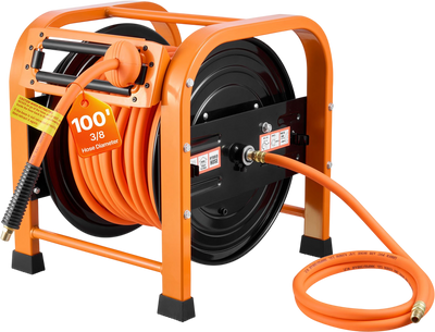 VEVOR Retractable Air Hose Reel, 3/8 Inch x 100 FT PVC Air Hose Max 300PSI, Auto Rewind Air-Compressor Hoses Reel with 5 ft Lead in, Portable Freestanding Heavy Duty Steel Reel for Garages Workshops