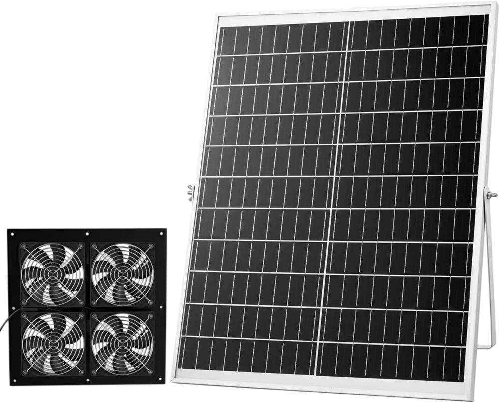 VEVOR Solar Powered Fan, 25W Solar Panel with 4 Fans, Adjustable Solar Panel Angle, 2668 RPM High-Speed, Flexible Installation, Fast Air Exchange for Greenhouse, Grow Tents, Chicken Coops, Shelters