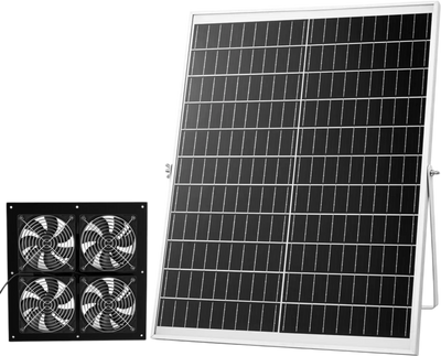 VEVOR Solar Powered Fan, 25W Solar Panel with 4 Fans, Adjustable Solar Panel Angle, 2668 RPM High-Speed, Flexible Installation, Fast Air Exchange for Greenhouse, Grow Tents, Chicken Coops, Shelters
