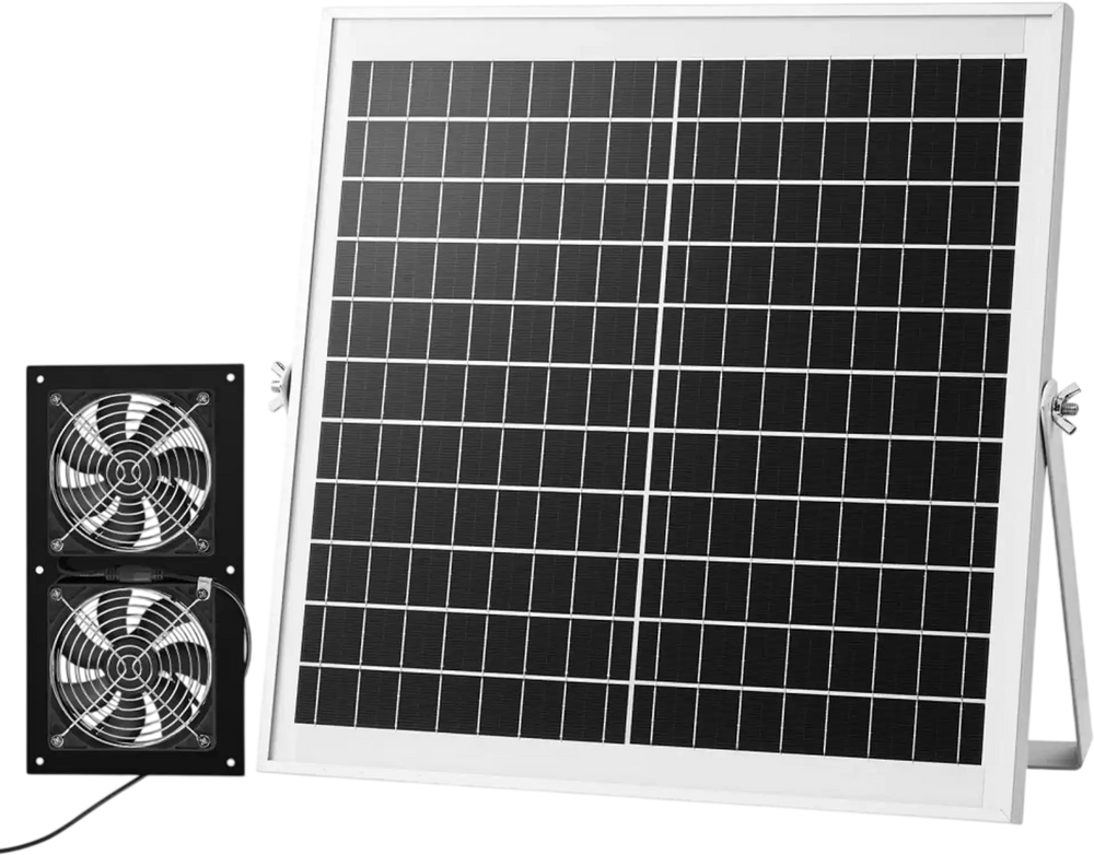 VEVOR Solar Powered Fan, 15W Solar Panel with 2 Fans, Adjustable Solar Panel Angle, 2668 RPM High-Speed, Flexible Installation, Fast Air Exchange for Greenhouse, Grow Tents, Chicken Coops, Shelters
