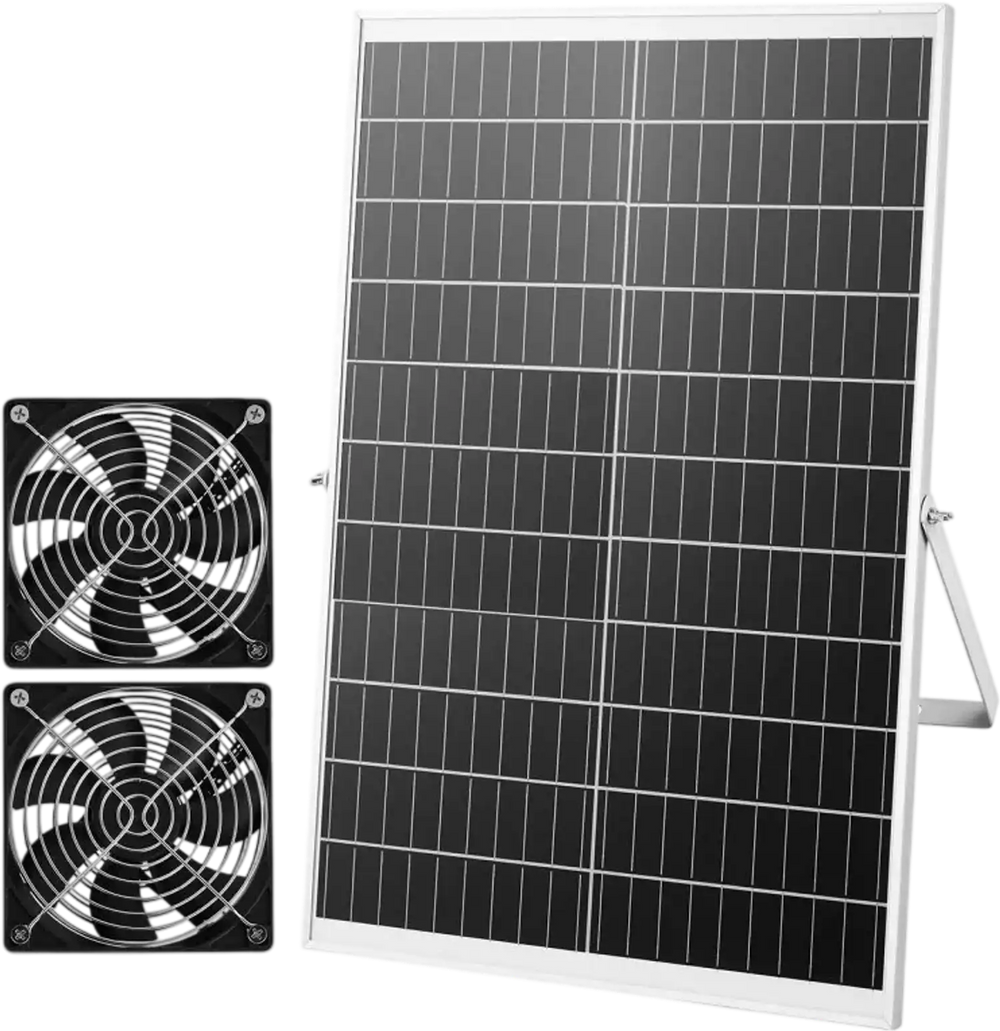 VEVOR Solar Powered Fan, 30W Solar Panel with 2 Fans, Adjustable Solar Panel Angle, 2668 RPM High-Speed, Flexible Installation, Fast Air Exchange for Greenhouse, Grow Tents, Chicken Coops, Shelters
