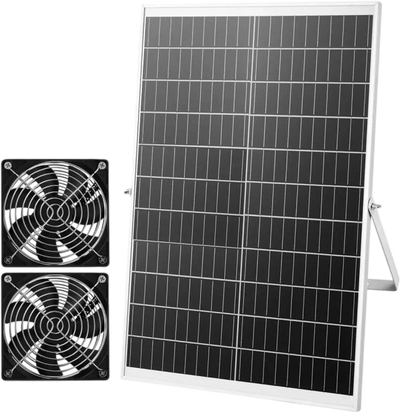 VEVOR Solar Powered Fan, 30W Solar Panel with 2 Fans, Adjustable Solar Panel Angle, 2668 RPM High-Speed, Flexible Installation, Fast Air Exchange for Greenhouse, Grow Tents, Chicken Coops, Shelters