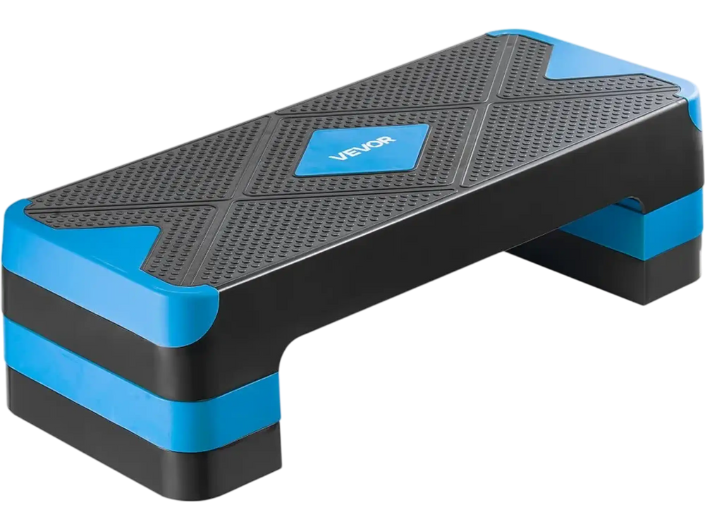 VEVOR Aerobic Exercise Step Platform, 28-Inch Workout Aerobic Stepper, Height Adjustable Fitness Training Step Deck Trainer with 4 Risers, Non-Slip Surface Bench for Home Gym Cardio Strength, Blue