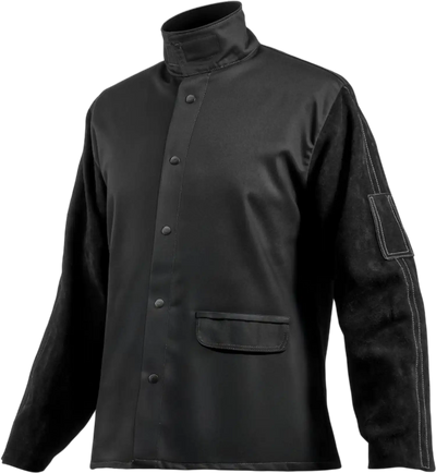 VEVOR Flame Resistant Welding Jacket, Heavy Duty Split Cowhide Leather Sleeves + 9 oz. FR Pure Cotton Body, Heat-Resistant Welding Safety Jacket for Welder Fitters - XXL Size