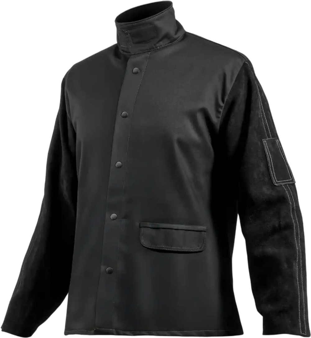 VEVOR Flame Resistant Welding Jacket, Heavy Duty Split Cowhide Leather Sleeves + 9 oz. FR Pure Cotton Body, Heat-Resistant Welding Safety Jacket for Welder Fitters - M Size