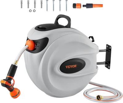 VEVOR Retractable Hose Reel, 115 ft x 1/2 inch, 180° Swivel Bracket Wall-Mounted, Garden Water Hose Reel with 9-Pattern Nozzle, Automatic Rewind, Lock at Any Length, and Slow Return System